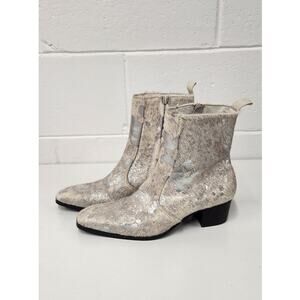 OSSTONE Men's Chelsea Leather Pony Hair Leopard Ankle Boots, Size 7.5, In Silver